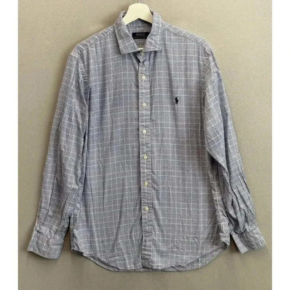 Polo Ralph Lauren Men's Sz‎ Large Blue Plaid Long Sleeve Cotton Button Up Shirt
